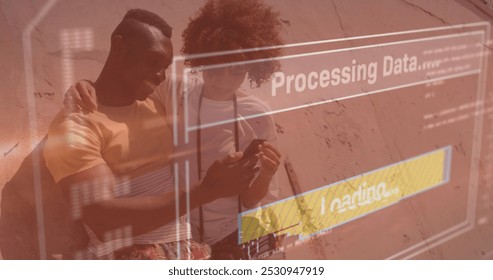 Image of data processing on screen over man and woman using smartphone. global communication, digital interface, technology and networking concept digitally generated image.