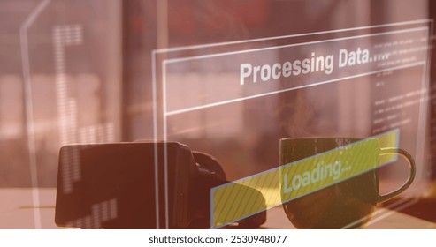 Image of data processing on screen over vr headset. global communication, digital interface, technology and networking concept digitally generated image.
