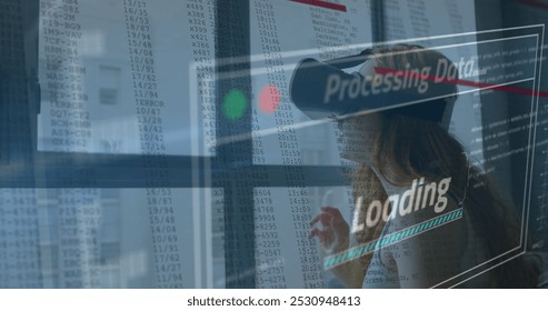 Image of data processing on screen over woman using vr headset. global communication, digital interface, technology and networking concept digitally generated image.