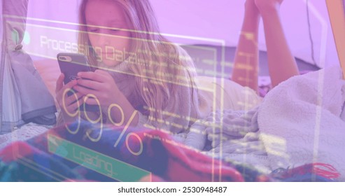 Image of data processing on screen over woman using smartphone. global communication, digital interface, technology and networking concept digitally generated image.