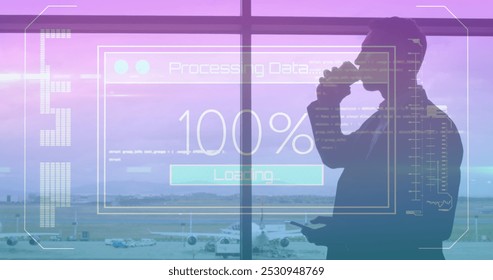 Image of data processing on screen over man using smartphone. global communication, digital interface, technology and networking concept digitally generated image.