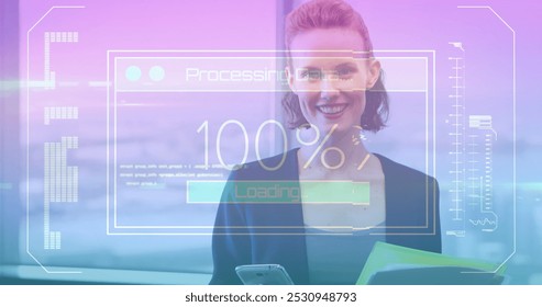 Image of data processing on screen over woman using smartphone. global communication, digital interface, technology and networking concept digitally generated image.
