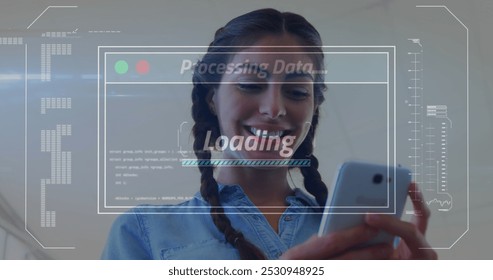 Image of data processing on screen over woman using smartphone. global communication, digital interface, technology and networking concept digitally generated image.