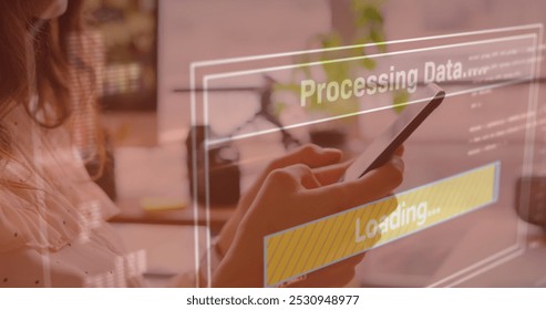 Image of data processing on screen over woman using smartphone. global communication, digital interface, technology and networking concept digitally generated image.