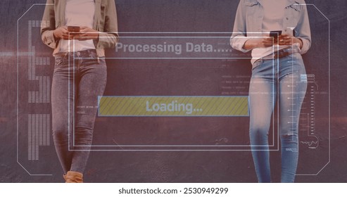 Image of data processing on screen over women using smartphone. global communication, digital interface, technology and networking concept digitally generated image.