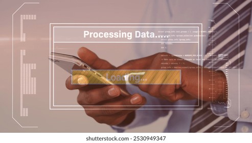 Image of data processing on screen over man using smartphone. global communication, digital interface, technology and networking concept digitally generated image.