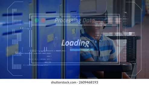 Image of data processing on screen over boy using vr headset. global communication, digital interface, technology and networking concept digitally generated image.