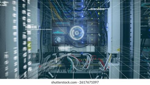 Image of data processing on screen over computer wires. computers, network, data processing, technology and digital interface concept digitally generated image.