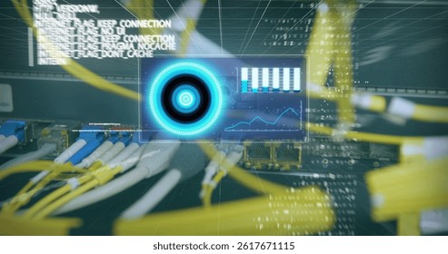 Image of data processing on screen over computer wires. computers, network, data processing, technology and digital interface concept digitally generated image.