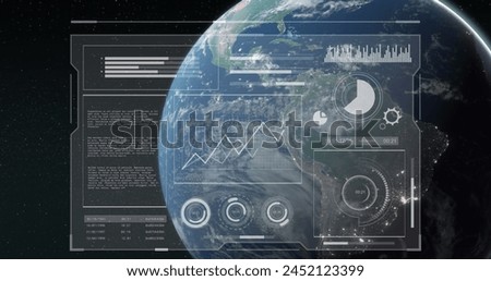 Image of data processing on screen over earth globe on blue background. Global business, environment and data processing concept digitally generated image.