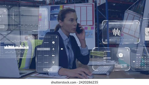Image of data processing on screens over caucasian woman working in warehouse. Global shipping, networks, digital interface, computing and data processing concept digitally generated image.