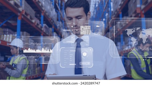 Image of data processing on screens over caucasian man working in warehouse. Global shipping, networks, digital interface, computing and data processing concept digitally generated image.