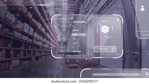 Image of data processing on screens over warehouse. Global shipping, networks, digital interface, computing and data processing concept digitally generated image.