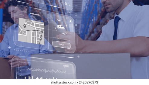 Image of data processing on screens over caucasian men working in warehouse. Global shipping, networks, digital interface, computing and data processing concept digitally generated image.