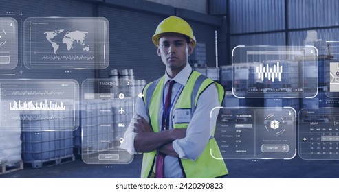 Image of data processing on screens over biracial man working in warehouse. Global shipping, networks, computing and data processing concept digitally generated image.