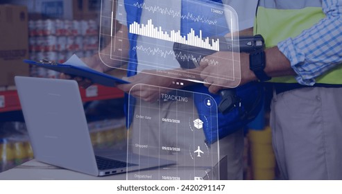 Image of data processing on screens over caucasian men working in warehouse. Global shipping, networks, digital interface, computing and data processing concept digitally generated image.