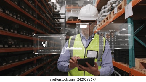 Image of data processing on screens over caucasian man working in warehouse. Global shipping, networks, digital interface, computing and data processing concept digitally generated image.