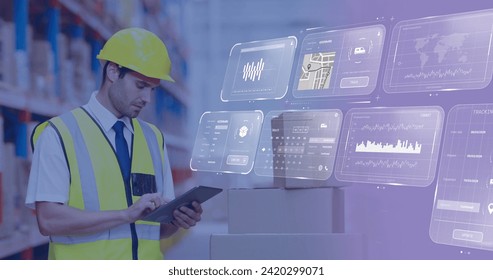 Image of data processing on screens over caucasian man working in warehouse. Global shipping, networks, digital interface, computing and data processing concept digitally generated image.