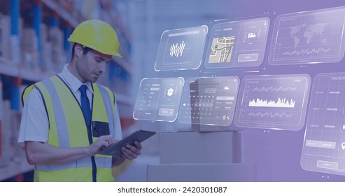 Image of data processing on screens over caucasian man working in warehouse. Global shipping, networks, digital interface, computing and data processing concept digitally generated image.
