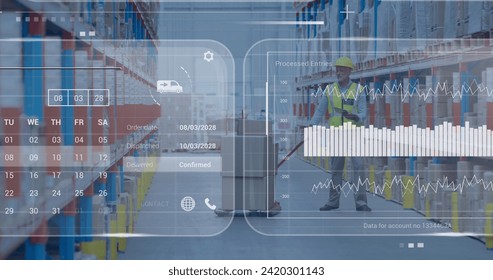 Image of data processing on screens over caucasian man working in warehouse. Global shipping, networks, digital interface, computing and data processing concept digitally generated image.