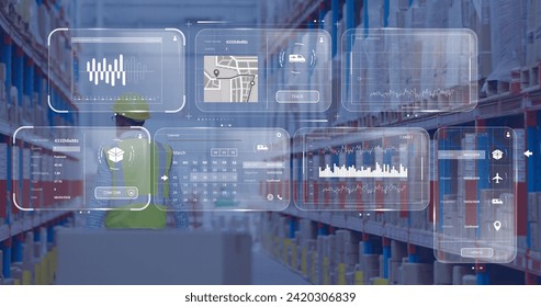 Image of data processing on screens over caucasian man working in warehouse. Global shipping, networks, digital interface, computing and data processing concept digitally generated image.
