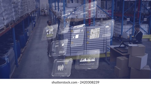 Image of data processing on screens over diverse people working in warehouse. Global shipping, networks, digital interface, computing and data processing concept digitally generated image.