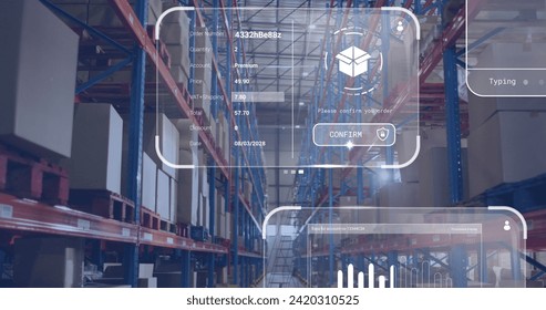 Image of data processing on screens over warehouse. Global shipping, networks, computing and data processing concept digitally generated image.