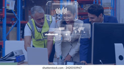 Image of data processing on screens over diverse people working in warehouse. Global shipping, networks, digital interface, computing and data processing concept digitally generated image.