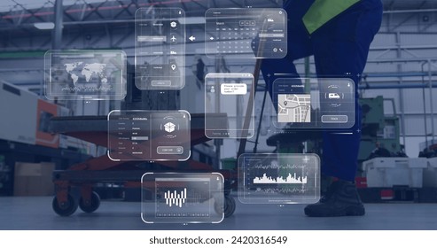 Image of data processing on screens over man working in warehouse. Global shipping, networks, digital interface, computing and data processing concept digitally generated image.