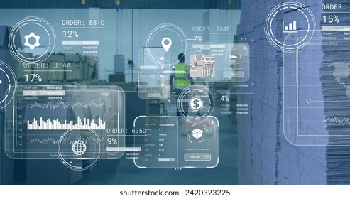 Image of data processing on screens over caucasian man working in warehouse. Global shipping, networks, digital interface, computing and data processing concept digitally generated image.