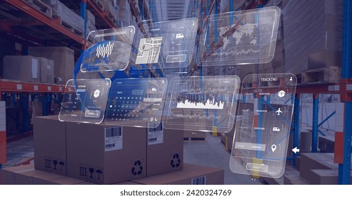 Image of data processing on screens over warehouse. Global shipping, networks, digital interface, computing and data processing concept digitally generated image.