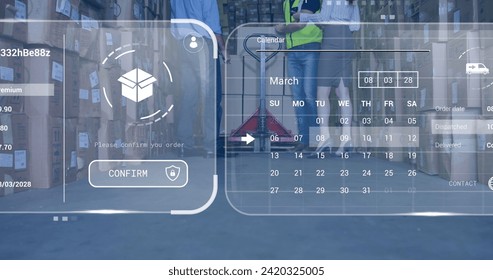 Image of data processing on screens over diverse people working in warehouse. Global shipping, networks, digital interface, computing and data processing concept digitally generated image.