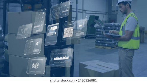 Image of data processing on screens over caucasian man working in warehouse. Global shipping, networks, digital interface, computing and data processing concept digitally generated image.