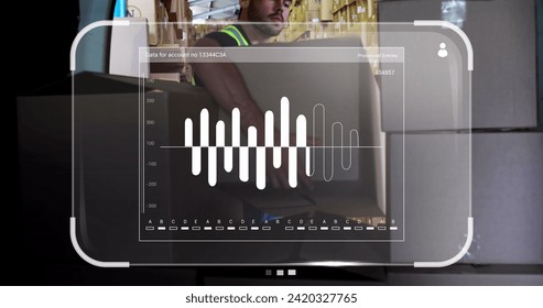 Image of data processing on screens over caucasian delivery man in warehouse. Global shipping, networks, digital interface, computing and data processing concept digitally generated image.