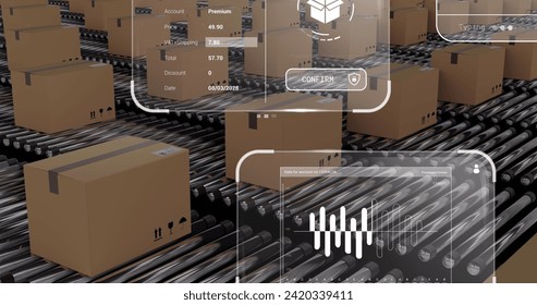 Image of data processing on screens over cardboard boxes on conveyor belts. Global shipping, networks, computing and data processing concept digitally generated image. - Powered by Shutterstock