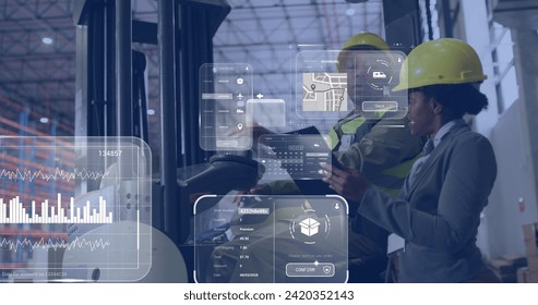 Image of data processing on screens over diverse people working in warehouse. Global networks, digital interface, computing and data processing concept digitally generated image.