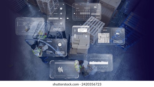 Image of data processing on screens over warehouse. Global networks, digital interface, computing and data processing concept digitally generated image.