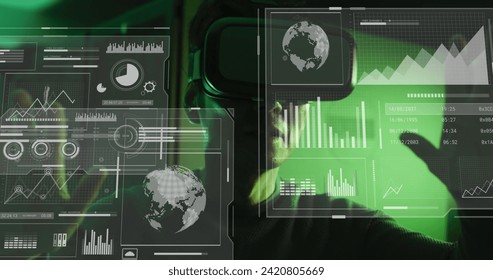 Image of data processing on screens over asian man in vr headset. data processing, global network and technology concept digitally generated image.