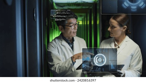 Image of data processing on screens over diverse man and woman working in server room. network, programming, computers and technology concept digitally generated image.