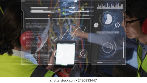 Image of data processing on screens over diverse woman and man checking servers. network, programming, computers and technology concept digitally generated image.