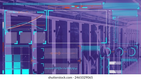 Image of data processing on screens over computer servers. Global connections, computing, digital interface and data processing concept digitally generated image.