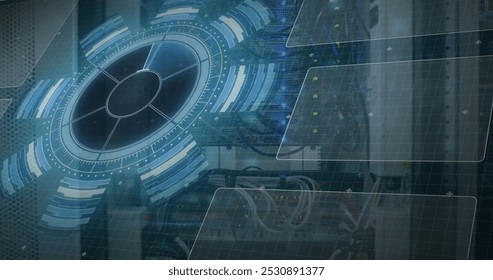Image of data processing on screens over computer wires. computers, network, data processing, technology and digital interface concept digitally generated image.