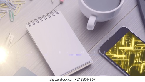 Image of data processing on smartphone screen. Global networks, computing, digital interface and data processing concept digitally generated image.