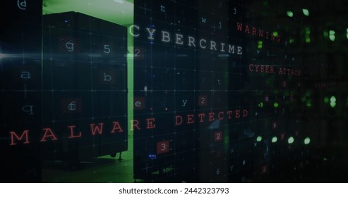 Image of data processing and online cyber attack warning over green lights of computer servers. data processing, cloud computing concept and technology concept digitally generated image.
