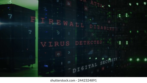 Image of data processing and online cyber attack warning over green lights of computer servers. data processing, cloud computing concept and technology concept digitally generated image.
