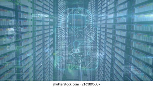 Image of data processing and online security padlock with circuit board over computer servers. global computing and data processing concept digitally generated image.