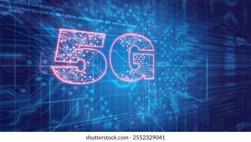 Image of data processing over 5g texts. Technology, business and digital interface concept digitally generated image.