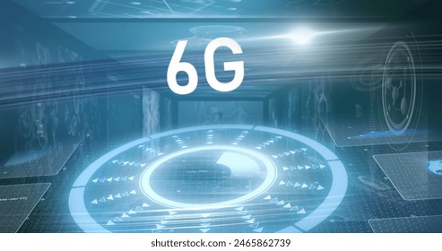 Image of data processing over 6g text. Global business and digital interface concept digitally generated image.