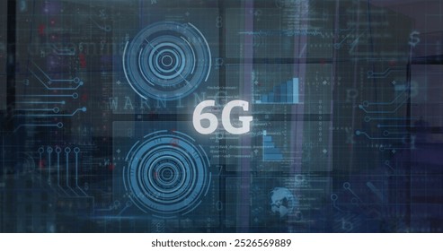 Image of data processing over 6g text. Global business and digital interface concept digitally generated image.