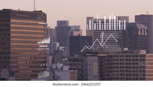 Image of data processing over aerial view of cityscape. Computer interface and business technology concept